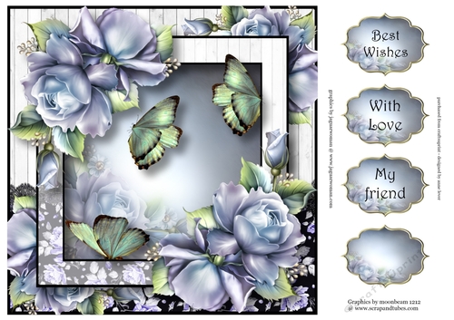 Soft Blue Roses & Butterflies 8x8