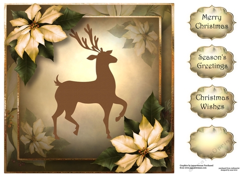Vintage Cream Poinsettias With Reindeer 8x8