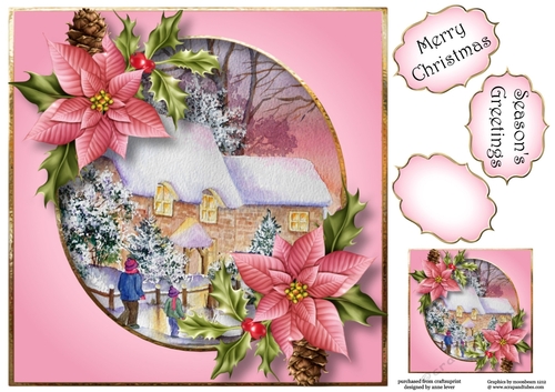Watercolour Cottages With poinsettias 8x8