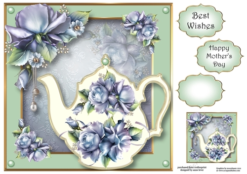 Floral Teapot & Blue Flowers 8x8