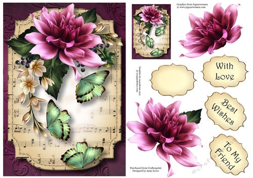 Sheet Music & Butterflies - Purple Dahlia A5