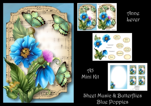 Sheet Music & Butterflies - Blue Poppies