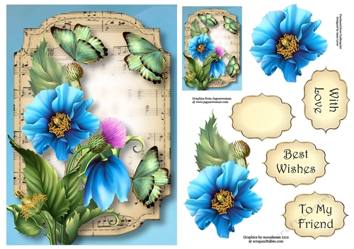 Sheet Music & Butterflies - Blue Poppies A5