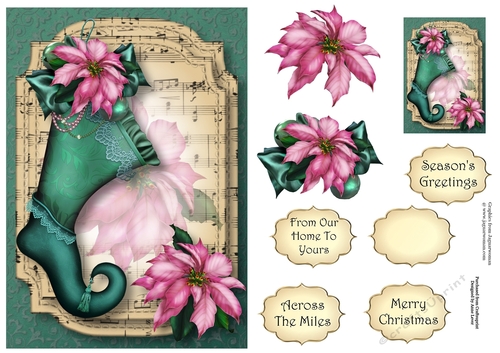 Victorian Christmas Stocking - Teal & Pink A5