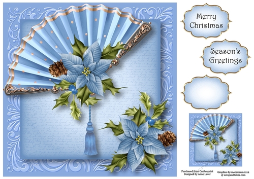 The Christmas Fan - Blue Poinsettias 8x8
