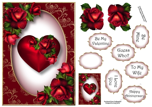 Beautiful Red Heart & Roses A5
