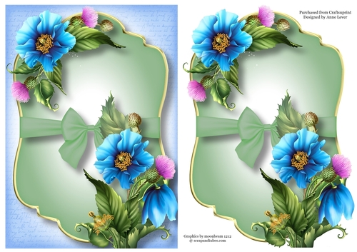 Gold Edged Mat & Bow - Blue Poppies