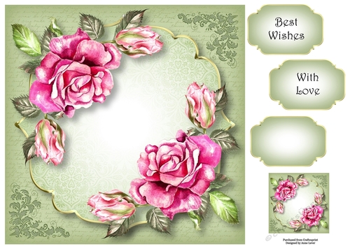 Damask Plaque - Pink Watercolour Roses 8x8