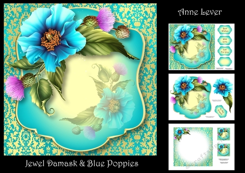 Jewel Damask & Blue Poppies