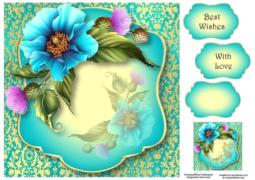 Jewel Damask & Blue Poppies 8x8