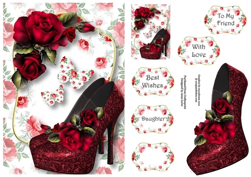 Shabby Chic Shoes & Butterflies In Reds A5