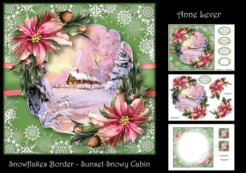 Snowflakes Border - Sunset Snowy Cabin