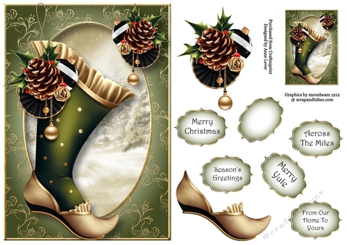 Vintage Christmas Stocking - Gold & Green A5