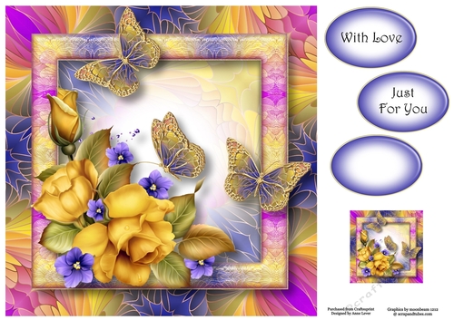 Art Nouveau Bright & Butterflies - Yellow Roses 8x8