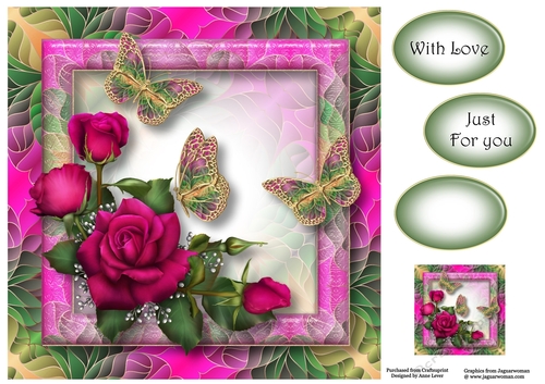 Art Nouveau Bright & Butterflies - Deep Pink Roses 8x8