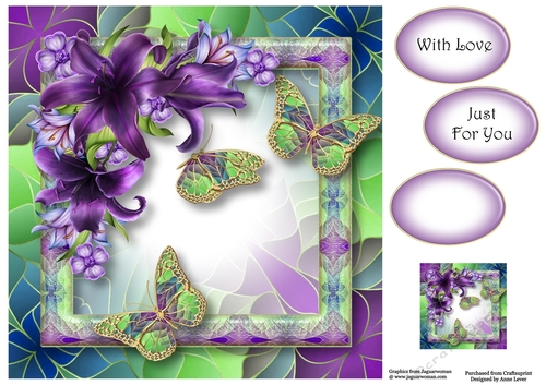 Art Nouveau Bright & Butterflies - Dark Purple Lilies 8x8