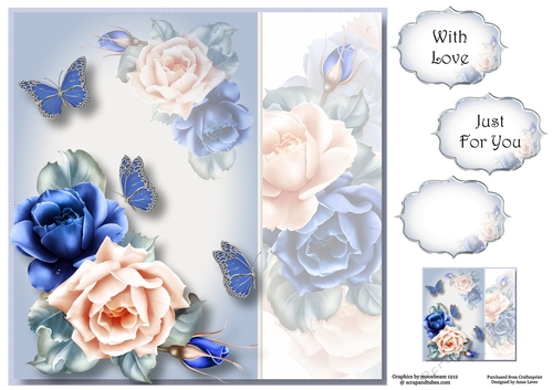 Blue Roses & Butterflies 8x8