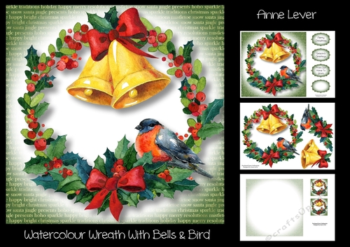 Watercolour Wreath With Bells & Bird
