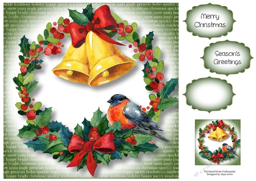 Watercolour Wreath With Bells & Bird 8x8