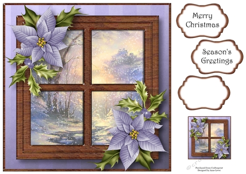 Snowy Christmas Window - Purple Poinsettias 8x8
