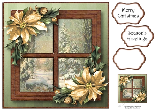 Snowy Christmas Window - Golden Poinsettias 8x8