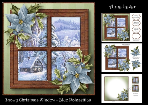 Snowy Christmas Window - Blue Poinsettias