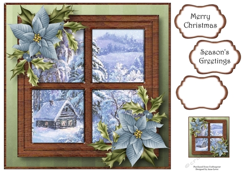 Snowy Christmas Window - Blue Poinsettias 8x8