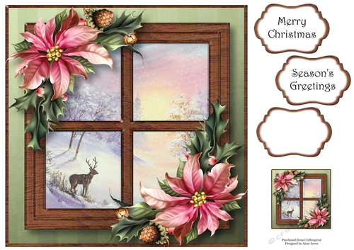 Snowy Christmas Window - Pink Poinsettias 8x8