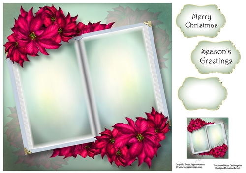 Blank Christmas Open Book - Deep Pink Poinsettias 8x8
