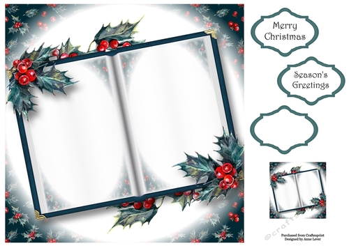 Blank Christmas Open Book - Watercolour Holly 8x8