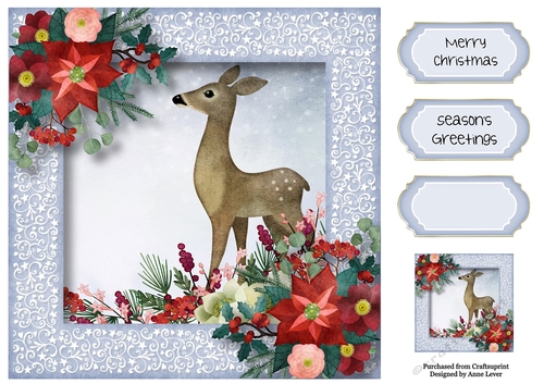 Vintage Watercolour Christmas Deer 8x8