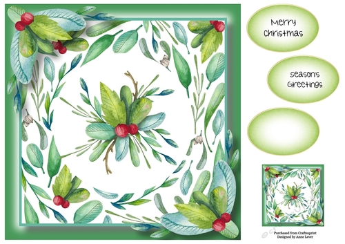 Watercolour Christmas Leaves - Holly & Berries 8x8