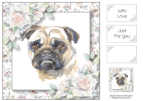 Watercolour Dog & Florals - Pug 8x8