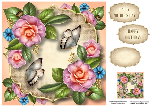 Camelias, Burlap & Butterflies 8x8