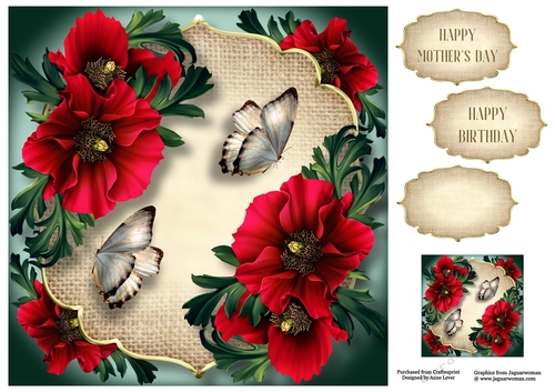 Poppies, Burlap & Butterflies 8x8