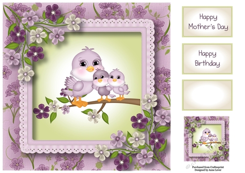 Mummy & 2 Baby Birds - mothers day or birthday 8x8