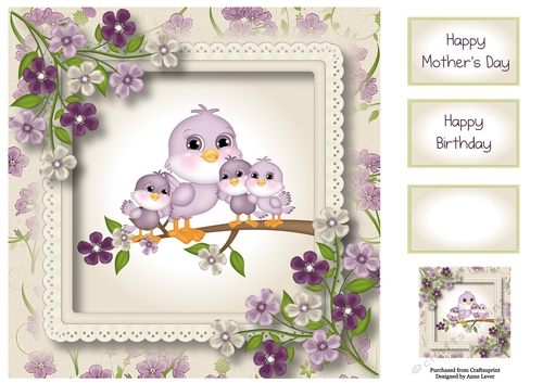 Mummy & 3 Baby Birds - mothers day or birthday 8x8