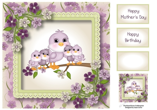 Mummy & 4 Baby Birds - mothers day or birthday 8x8