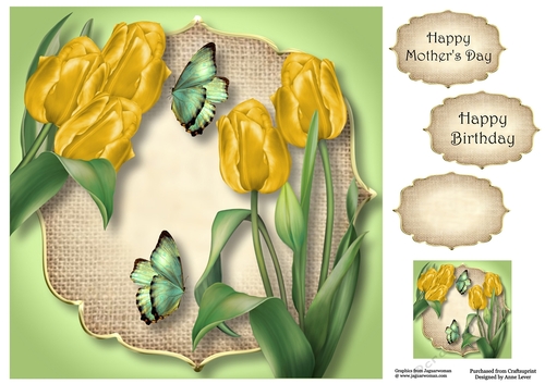 Yellow Tulips, Burlap & Butterflies 8x8