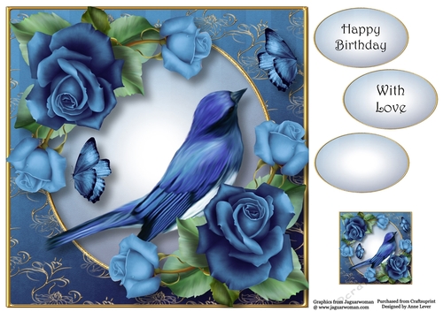 Beautiful Bird & Blue Roses 8x8