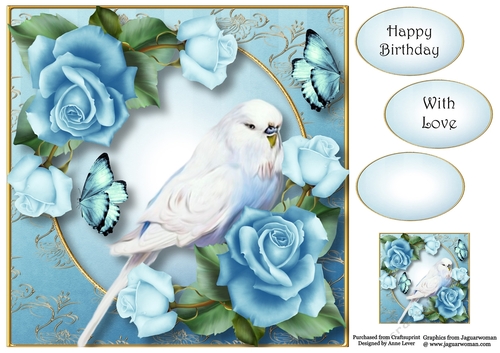 Beautiful Bird & Pale Blue Roses 8x8