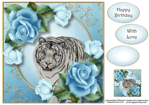 White Tiger & Pale Blue Roses 8x8