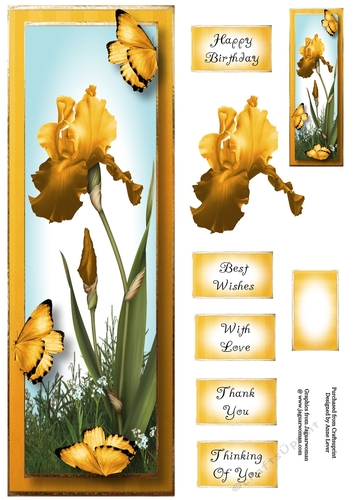 Lge DL Bearded Iris & Butterflies - Muted Yellow