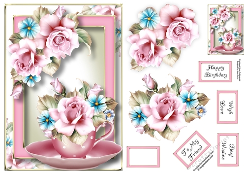 Teacup, Saucer & Flowers - Cool Pink Roses A5