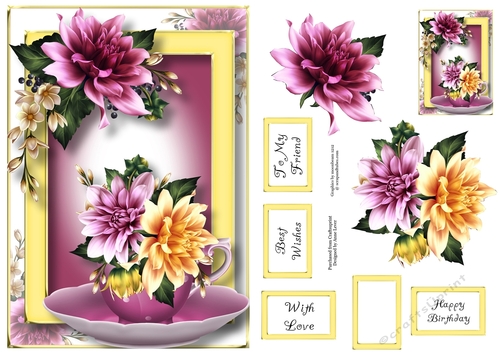 Teacup, Saucer & Flowers - Dahlias A5