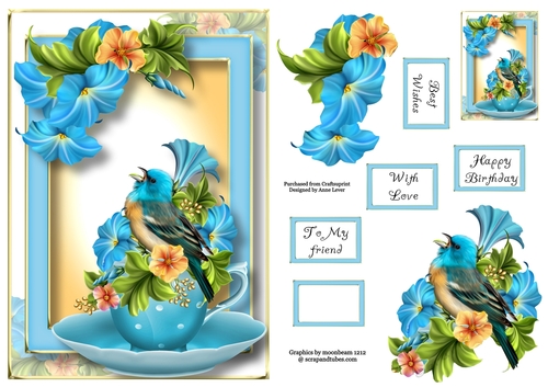 Teacup, Saucer & Flowers - Bluebird A5