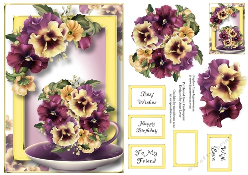 Teacup, Saucer & Flowers - Muted Pansies A5