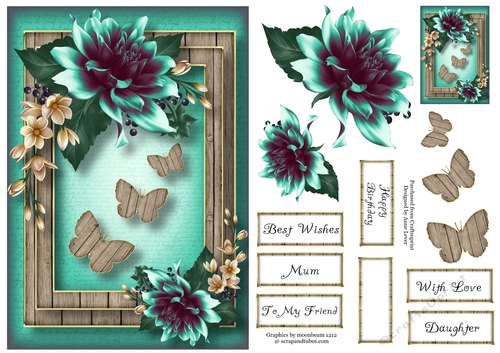 Dahlia Butterfly Trio - Blended Teal A5