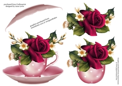 Floral Teacup & Saucer Decoupage Sheet - Deep Pink Velvet Roses