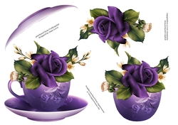 Floral Teacup & Saucer Decoupage Sheet - Purple Velvet Roses